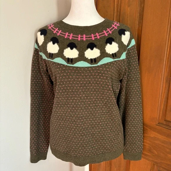 Talbots SP Small Petite Sweater Crewneck Cotton Brown Pink Hearts Novelty Lambs - Picture 1 of 6